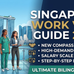 Professional guide for Singapore Work Visa 2026 showing Marina Bay Sands and global workers in medical, corporate, and tech attire with COMPASS system details.